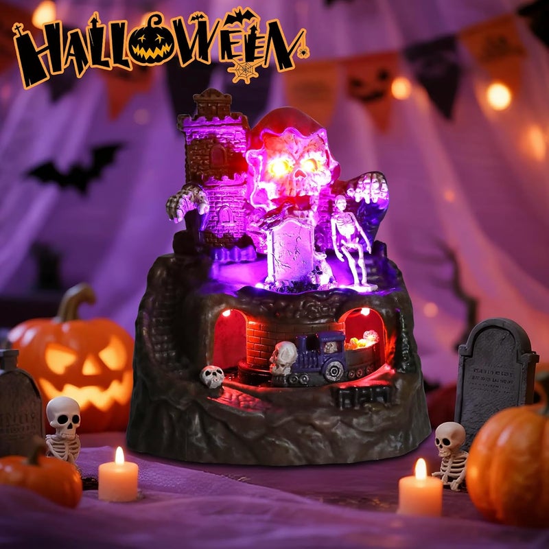 Vipush Halloween Village Decorations -Light-Up LED Vintage Skull Island & Passing Train Resin Figurines Decor for Creepy Skeletons, Spooky Statues, and Tombstone Collectible Decorations 5.9 in - Image 4